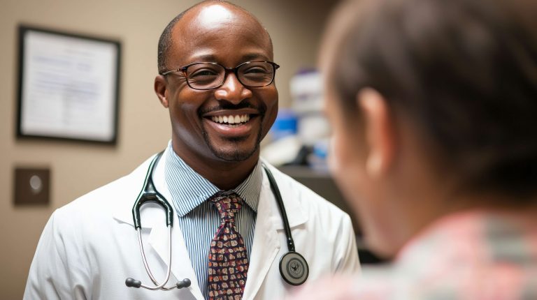Médico sorrindo calorosamente para paciente, transmitindo cuidado, empatia e confiança no atendimento clínico