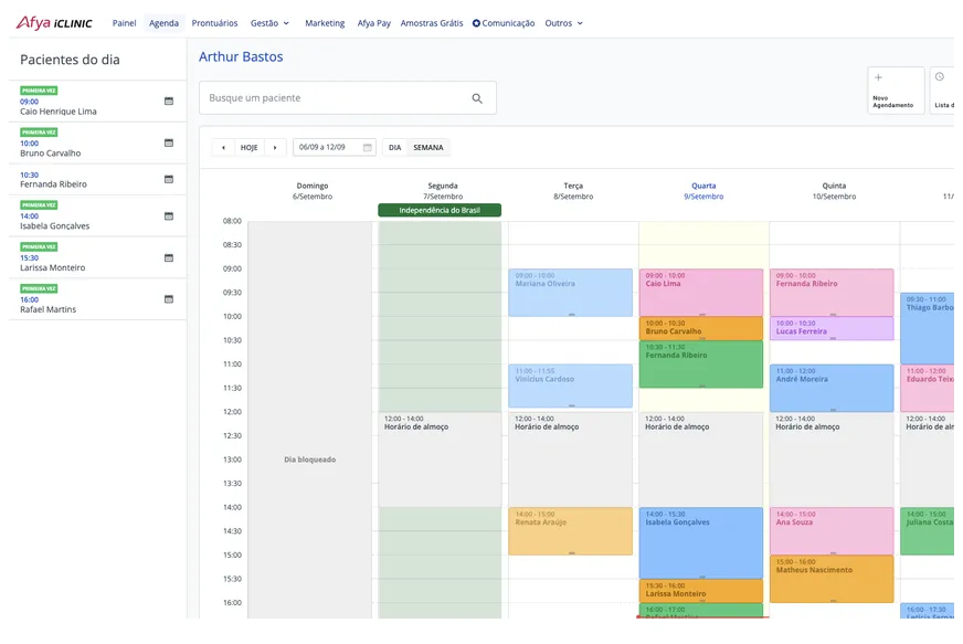 Agenda médica online do Afya iClinic — dados fictícios para demonstração