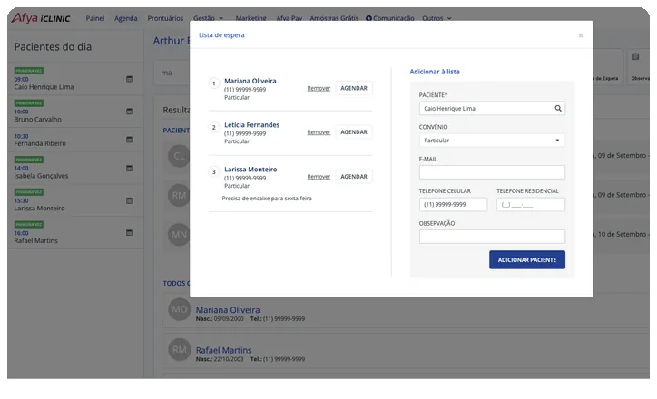 Lista de espera da agenda do Afya iClinic — dados fictícios para demonstração
