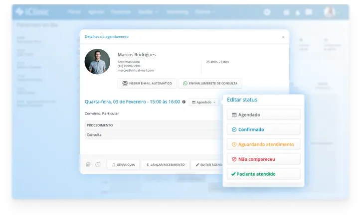 Detalhes do agendamento com status de confirmação no Afya iClinic — dados fictícios