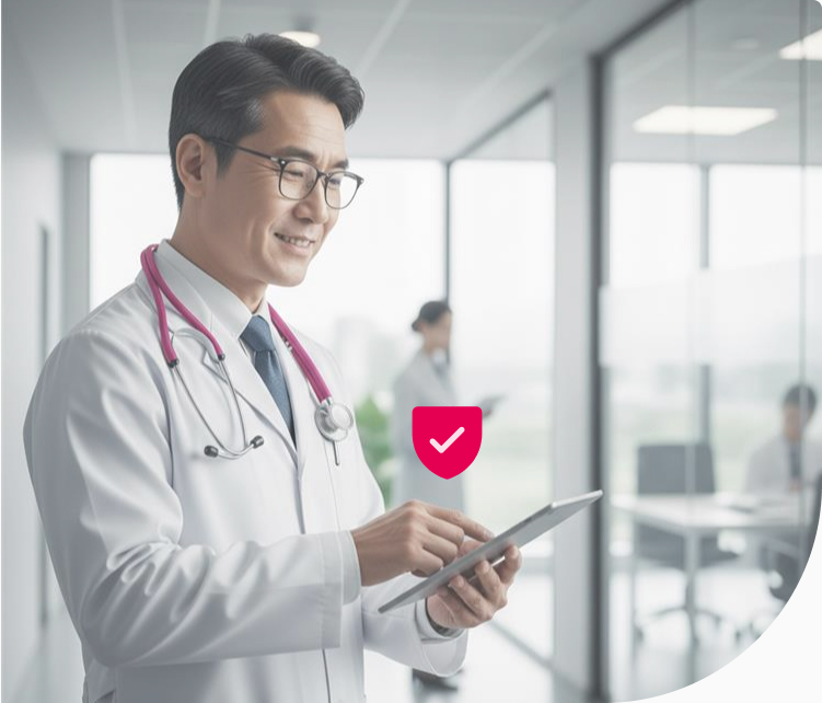 Médico revisando a simulação do seguro no tablet