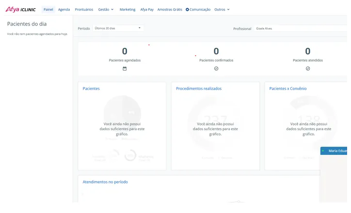 Chat interno do Afya iClinic entre recepção e equipe médica — dados fictícios para demonstração