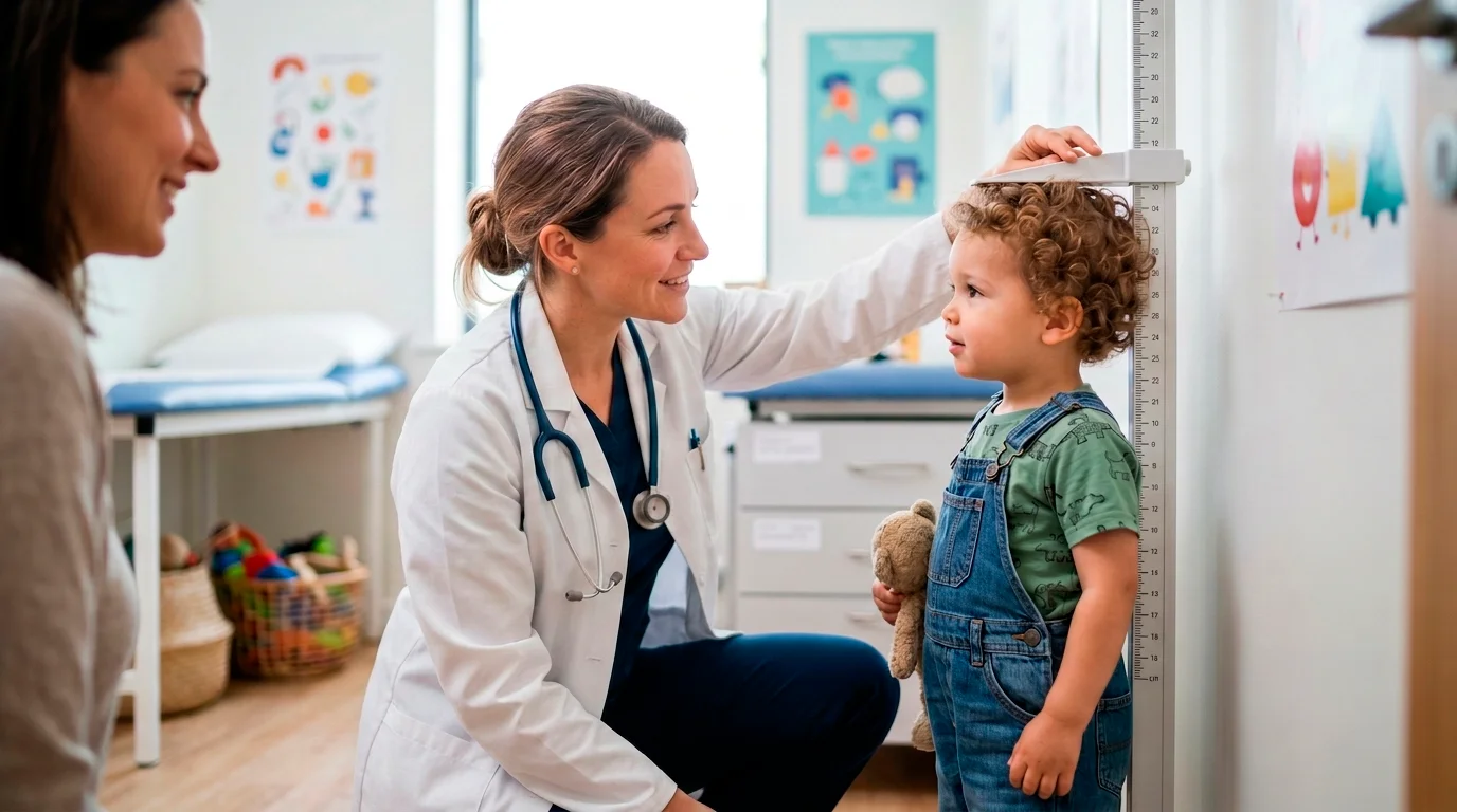 Pediatra medindo a altura de uma criança no consultório, com a mãe acompanhando — imagem ilustrativa