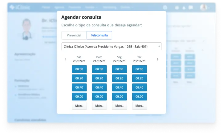 Lembrete de teleconsulta com link de acesso enviado por WhatsApp pelo Afya iClinic — dados fictícios para demonstração