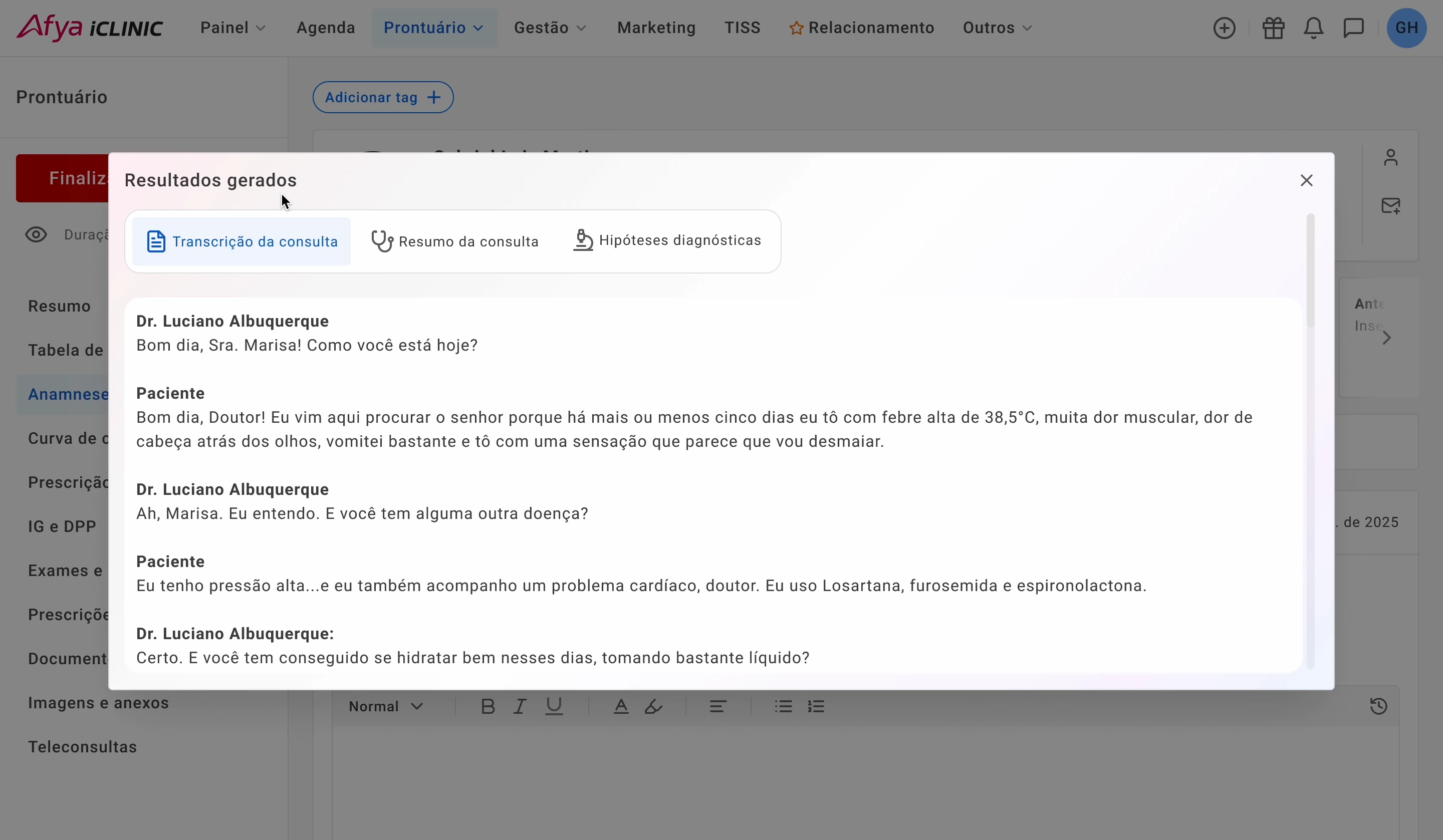 Resultados de IA do Afya iClinic com transcrição, resumo e hipóteses diagnósticas — dados fictícios para demonstração