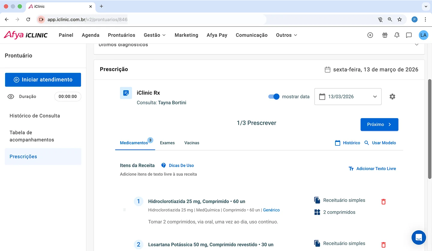 Prescrição digital com a iClinicRx no Afya iClinic — dados fictícios para demonstração