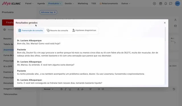 Resultados de IA do Afya&nbsp;iClinic com transcrição, resumo e hipóteses diagnósticas — dados fictícios para demonstração