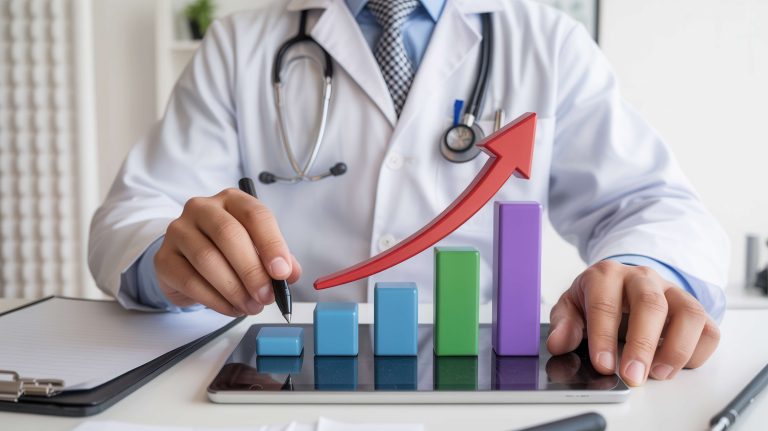 Médico confiante analisando gráfico digital de crescimento financeiro na saúde, simbolizando lucratividade sustentável em clínicas