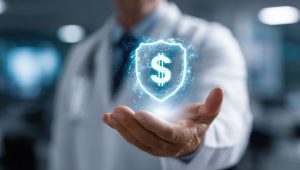 Médico segurando escudo brilhante com símbolo de cifrão, representando segurança financeira na saúde