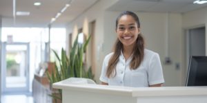 Secretária de consultório médico atrás do balcão da recepção da clínica