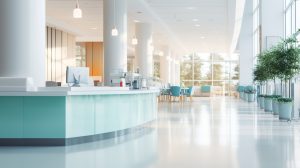 Recepção de consultório: 10 dicas para organizar e encantar pacientes 1 Corredor e recepção de clínica hospitalar desfocados, representando ambiente de espera