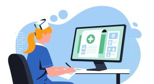 Trocar o software médico: quando e por que fazer essa mudança? 1 Médica em consultório usando computador com software médico para gestão de prontuários e pacientes