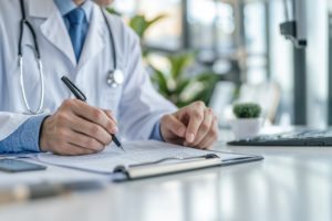 Médico escrevendo com uma caneta em seu prontuário de papel