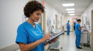 Médica de jaleco azul usando um tablet para analisar um prontuário eletrônico