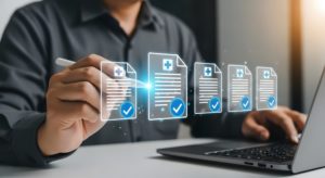 Médico em frente a um computador analisando o prontuário eletrônico