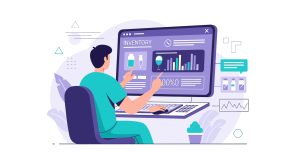 Médico administrando inventário de medicamentos em computador com interface digital de análise laboratorial 