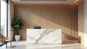 Recepção moderna de clínica com balcão de mármore branco e ambiente iluminado 