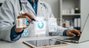 Médico usando tablet para usar o seu software médico em seu consultório