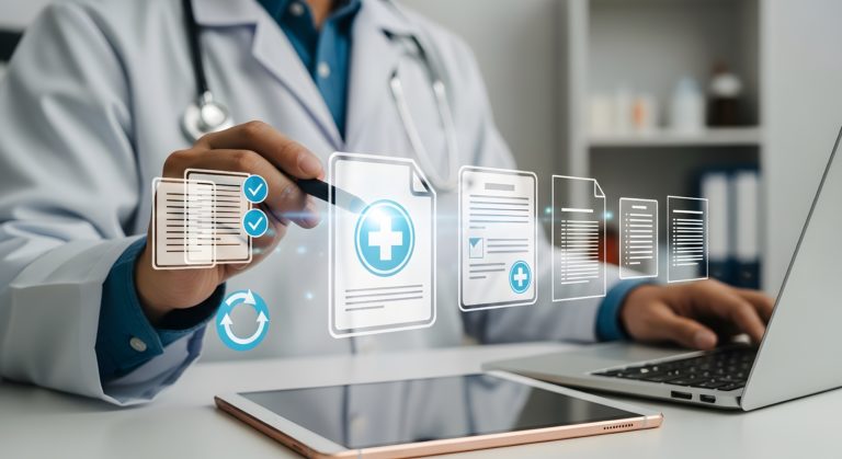 Médico usando tablet para usar o seu software médico em seu consultório