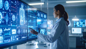 Médico analisando dados de um paciente em um telão com muitas informações