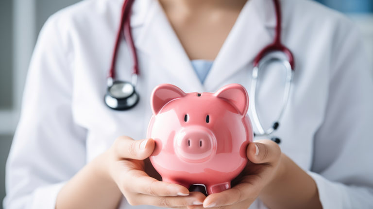 Médica de jaleco branco e estetoscópio segurando um cofre de porquinho rosa