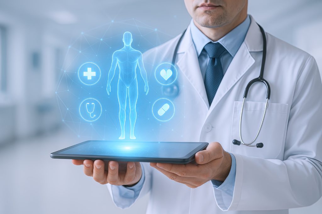 Principais tendências digitais para melhorar a saúde no Brasil 1 Médico segurando um tablet com informações completas do paciente em holograma