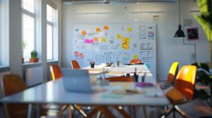 Por que você precisa de uma agência de marketing para seu consultório? 1 Imagem de uma sala de reuniões de uma agência de marketing, com anotações de papéis nas paredes