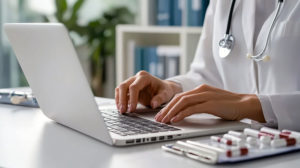 Como construir autoridade online para sua clínica? 1 Médico sentado de frente para um notebook em clínica médica