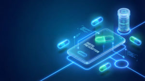 Prescrição eletrônica no atendimento médico: como melhorar seus resultados 1 Ilustração de smartphone exibindo prescrição digital com holograma de pílulas e frasco de remédio