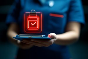  Médica segurando um tablet com um holograma de confirmação de consulta