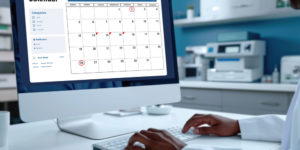 Como escolher o melhor software médico para clínicas? 1 Médico usando um computador para acessar sua agenda em um software médico