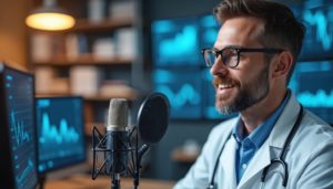 Médico gravando um podcast sobre temas médicos, com gráficos e dados no fundo