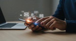 Como implementar o marketing de relacionamento na sua clínica em 9 passos 1 Médico sentado em mesa de consultório usando o celular para aplicar estratégias de marketing de relacionamento