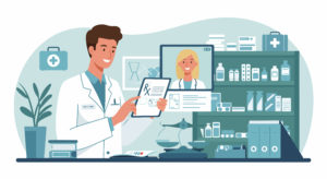 5 benefícios da prescrição eletrônica para a sua clínica 1 Ilustração de farmacêutico utilizando tablet para processar prescrição eletrônica em ambiente digital de saúde, em consulta via telemedicina