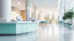 Recepção de clínica limpa, bonita e organizada sem pacientes