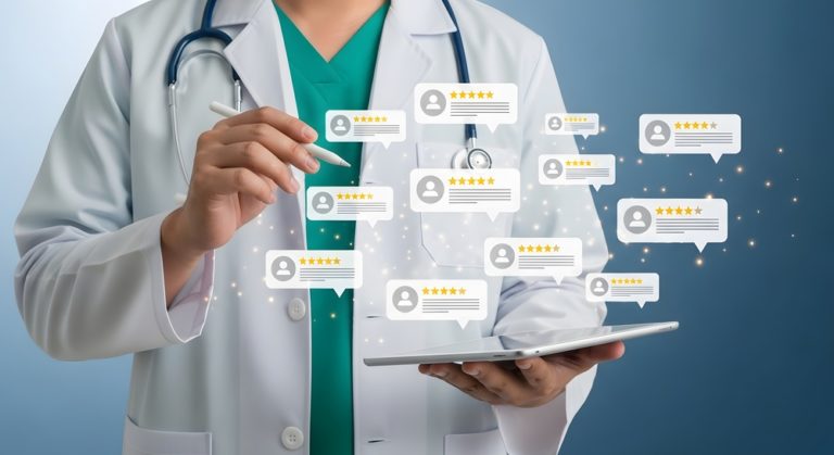 Médico usando um tablet para mostrar classificações de feedback dos pacientes de pesquisas de satisfação e NPS