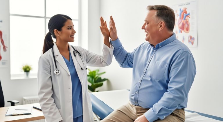 Médico e paciente comemorando juntos um marco positivo de saúde, em um consultório iluminado, representando uma etapa de sucesso na jornada do paciente