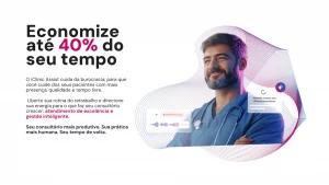 Economize até 40% do seu tempo com as soluções de IA do Afya iClinic 1 Médico de jaleco sorrindo ao lado do painel do iClinic Assist, que exibe a geração de resumos dos prontuários com soluções de IA