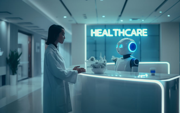 Secretária robô de uma clínica médica de frente para uma médica