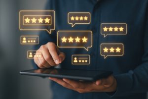 Conteúdo gerado por pacientes (UGC): estimule reviews, avaliações e depoimentos 1 Médico segurando um tablet vendo várias avaliações criadas por pacientes