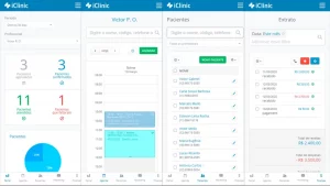 Conheça o aplicativo Afya iClinic para Android e iPhone 1 Tela do aplicativo Afya iClinic mostrando informações do painel, agendamento de consultas, pacientes e extrato financeiro, destacando sua funcionalidade para gerenciar a clínica