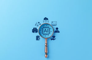 Como usar a inteligência artificial na rotina do consultório 1 Lupa sobre a palavra AI com vários ícones médicos ao seu redor