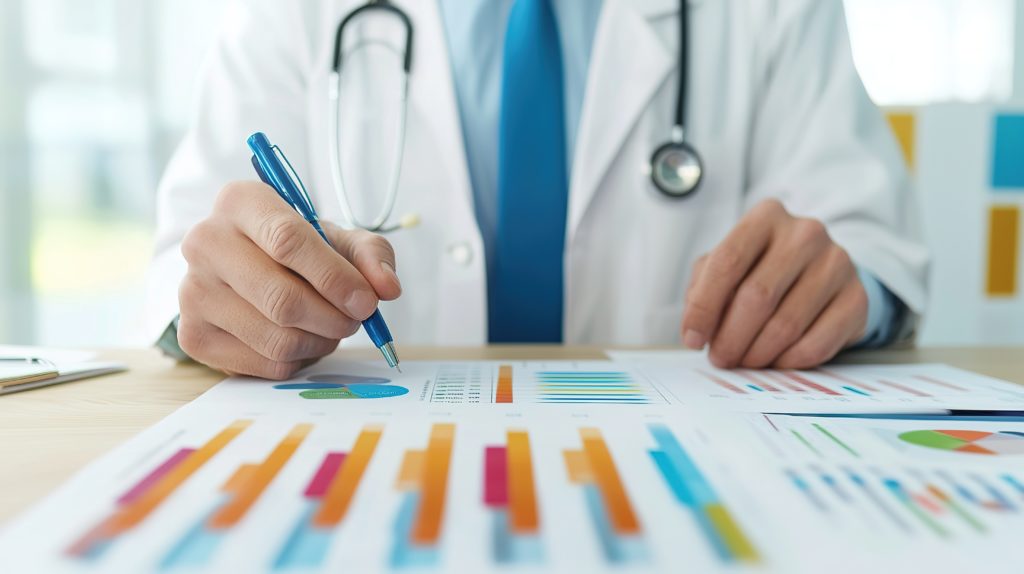 Planejamento estratégico para clínicas médicas: passo a passo completo 1 Médico em frente a uma mesa analisando gráficos em folha de papel