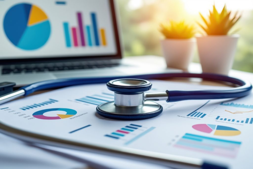 Planejamento financeiro anual para clínicas médicas: guia completo 1 Notebook ao fundo com gráficos abertos logo atrás de gráficos impressos com um estetoscópio em cima