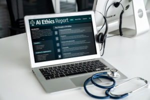 Cuidados que os médicos precisam ter ao fazer prompts para Inteligência Artificial (IA) 1 Notebook em consultório médico com imagem sobre ética na IA na tela