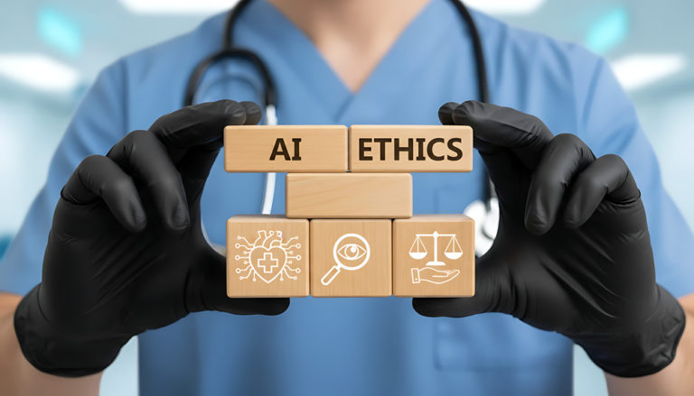 Médico de luva preta segurando cubos de madeira formando o termo “AI Ethics”